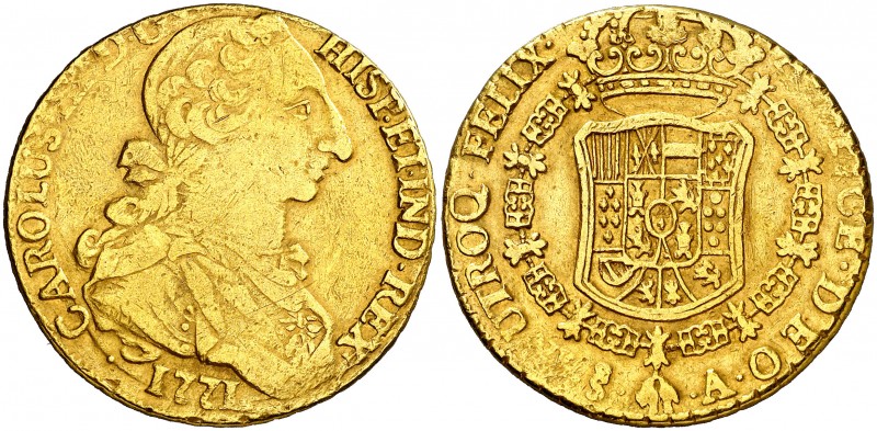 1771. Carlos III. Santiago. A. 8 escudos. (AC. 2143) (Cal.Onza 916). 26,93 g. Ti...