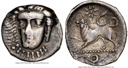 CAMPANIA. Phistelia. Ca. 325-275 BC. AR obol (11mm, 3h). NGC VF, graffito. Head of nymph facing slightly to left, hair splayed out / Lion stalking lef...