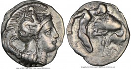 CALABRIA. Tarentum. Ca. 380-280 BC. AR diobol (12mm, 1.13 gm, 1h). NGC Choice XF 4/5 - 4/5. Head of Athena right, wearing crested Attic helmet decorat...