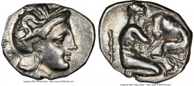 CALABRIA. Tarentum. Ca. 380-280 BC. AR diobol (12mm, 1.24 gm, 11h). NGC Choice XF 4/5 - 4/5. Head of Athena right, wearing crested Attic helmet decora...