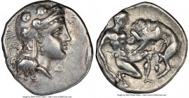 CALABRIA. Tarentum. Ca. 380-280 BC. AR diobol (12mm, 5h). NGC Choice VF. Head of Athena right, wearing crested Attic helmet decorated with three flore...