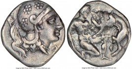 CALABRIA. Tarentum. Ca. 380-280 BC. AR diobol (11mm, 6h). NGC Choice VF. Head of Athena right, wearing crested Attic helmet decorated with three flore...