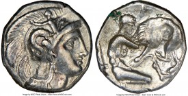 CALABRIA. Tarentum. Ca. 4th-3rd centuries BC. AR diobol (12mm, 5h). NGC Choice VF. Head of Athena right, wearing crested Attic helmet decorated with f...