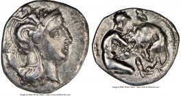 CALABRIA. Tarentum. Ca. 380-280 BC. AR diobol (12mm, 7h). NGC Choice VF. Ca. 325-280 BC. Head of Athena right, wearing crested Attic helmet decorated ...