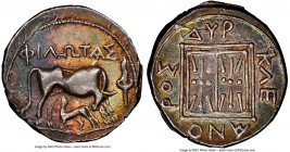 ILLYRIA. Dyrrhachium. Ca. 3rd-1st centuries BC. AR drachm (17mm, 9h). NGC Choice VF. Philotas, moneyer, Cleanoros, magistrate, ca. 92-60 BC. Cow stand...