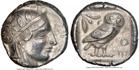 ATTICA. Athens. Ca. 455-440 BC. AR tetradrachm (24mm, 17.09 gm, 1h). NGC AU 5/5 - 3/5. Early transitional issue. Head of Athena right, wearing crested...