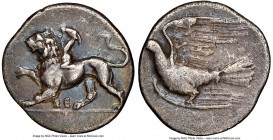 SICYONIA. Sicyon. Ca. 350-280 BC. AR triobol or hemidrachm (17mm, 1h). NGC VF. Chimera standing left, raising right forepaw; ΣE below / Dove flying le...