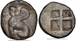 IONIAN ISLANDS. Chios. Ca. 435-350 BC. AR drachm (18mm). NGC Fine. Male sphinx seated left; bunch of grapes above amphora before / Quadripartite incus...