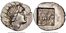 CARIAN ISLANDS. Rhodes. Ca. 88-84 BC. AR drachm (16mm, 11h). NGC Choice AU. 'Plinthophoric' coinage, Menodorus, magistrate. Radiate head of Helios rig...
