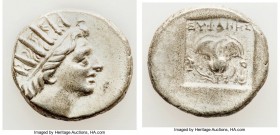 CARIAN ISLANDS. Rhodes. Ca. 88-84 BC. AR drachm (15mm, 2.70 gm, 12h). XF. Plinthophoric standard, Euphanes, magistrate. Radiate head of Helios right /...