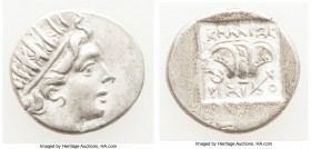 CARIAN ISLANDS. Rhodes. Ca. 88-84 BC. AR drachm (15mm, 2.25 gm, 11h). XF. Plinthophoric standard, Callixei(nos), magistrate. Radiate head of Helios ri...