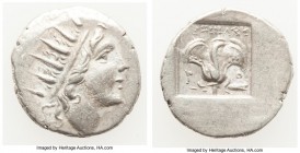 CARIAN ISLANDS. Rhodes. Ca. 88-84 BC. AR drachm (15mm, 2.54 gm, 11h). About XF. Plinthophoric standard, Lysimachus, magistrate. Radiate head of Helios...