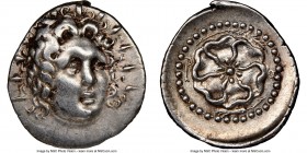 CARIAN ISLANDS. Rhodes. Ca. 84-30 BC. AR drachm (20mm, 1h). NGC XF. Radiate head of Helios facing, turned slightly right, hair parted in center and sw...