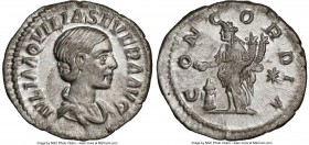 Aquilia Severa (AD 220-222). AR denarius (20mm, 5h). NGC AU. Rome, AD 220-222. Draped bust of Severa right, hair waved and bound in chignon / Concordi...