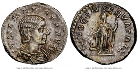 Julia Mamaea (AD 222-235). AR denarius (19mm, 6h). NGC Choice AU. Rome. IVLIA MAMAEA AVG, draped bust of Julia Mamaea right, seen from front, wearing ...