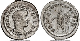 Maximus, as Caesar (AD 235/6-238). AR denarius (21mm, 2.76 gm, 5h). NGC MS 5/5 - 4/5. Rome, AD 236-238. MAXIMVS CAES GERM, bare headed, draped bust of...