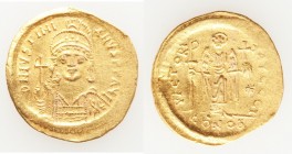 Justinian I the Great (AD 527-565). AV solidus (21mm, 4.41 gm, 6h). XF, graffiti. Constantinople, 10th officina, ca. AD 545-565. D N IVSTINI-ANVS PP A...