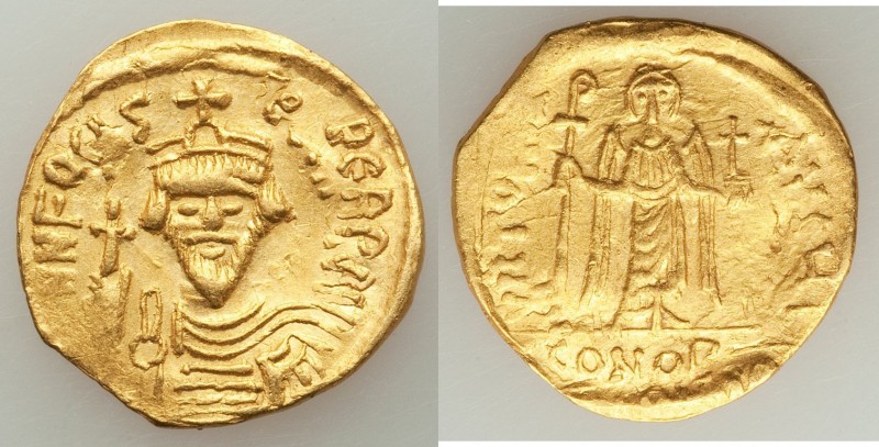 Phocas (AD 602-610). AV solidus (21mm, 4.16 gm, 7h). VF, flip-over double strike...