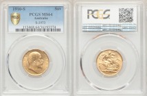 Edward VII gold Sovereign 1910-S MS64 PCGS, Sydney mint, KM15, S-3973. AGW 0.2355 oz. 

HID09801242017

© 2020 Heritage Auctions | All Rights Rese...