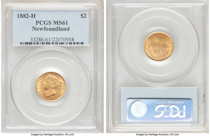 Newfoundland. Victoria gold 2 Dollars 1882-H MS61 PCGS, Heaton mint, KM5. AGW 0....