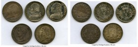 5-Piece Lot of Uncertified Assorted 5 Francs, 1) Louis XVIII 5 Francs 1824-H - VF (Edge defect), La Rochelle mint, KM711.5 37.0mm24.87gm 2) Louis XVII...