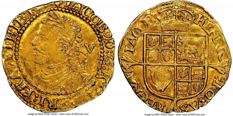 James I gold 1/4 Laurel ND (1623-1624) AU55 NGC, Tower mint, S-2642. 2.26gm. 
...