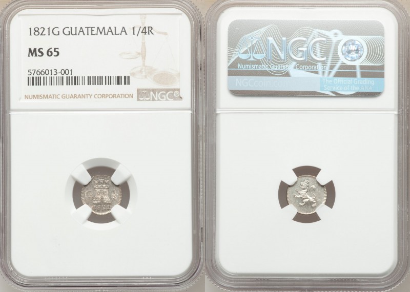 Ferdinand VII 1/4 Real 1821-G MS65 NGC, Nueva Guatemala mint, KM72. Dove-gray to...