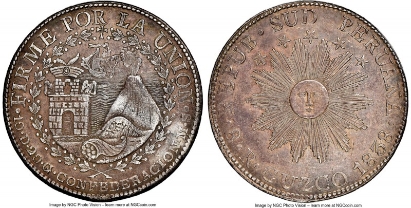 South Peru. Republic 8 Reales 1838 CUZCO-MS AU Details (Reverse Spot Removed) NG...