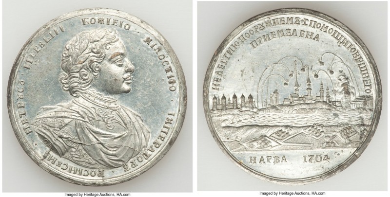 Peter I white metal "Capture of Narva" Medal 1704-Dated XF, Diakov-21.2 var. (un...