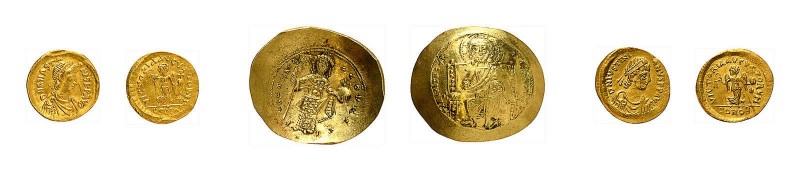 3 Goldmünzen Byzanz mit altem Beschreibungskärtchen der Firma Münzen & Medaillen...
