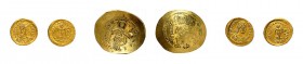 3 Goldmünzen Byzanz mit altem Beschreibungskärtchen der Firma Münzen & Medaillen AG Basel. Dabei Tremissis Anastasius I. 491-518, Tremissis Justinianu...