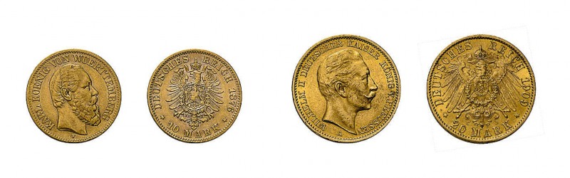 7 Goldmünzen Deutsches Kaiserreich. Dabei 5 x 20 Mark und 2 x 10 Mark.1 x 20 Mar...