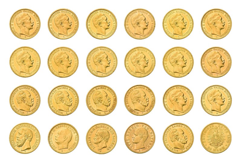 23 x 20 Mark Goldmünzen Deutsches Kaiserreich. Dabei Preussen 1872A,2 x 1873C, 1...