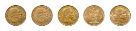 5 Goldmünzen. Dabei Frankreich mit 20 Francs 1868 A, 1877 A sowie 1906. Dazu 2 x 20 Francs Belgien 1876 und 1877. Zusammen ca. 29 g.f.