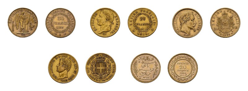 48 Goldmünzen. Dabei 44x 20 Francs Frankreich, 1 x 20 Francs 1904 Tunesiensowie ...