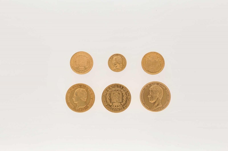 6 Goldmünzen Italien. Dabei 2 x 40 Lire 1815 Parma, Marie Luise, 1815-1847, Fb.9...