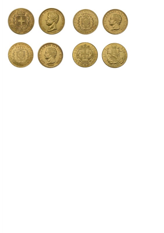 4 Goldmünzen. Dabei 96 Lire Genova 1797, 2 x 80 Lire Sardinien Carlo Felice1825 ...