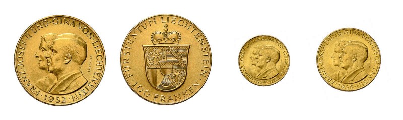 12 Goldmünzen Liechtenstein. Dabei 3 x 25 Franken 1956, 2 x 50 Franken 1956, 1 x...
