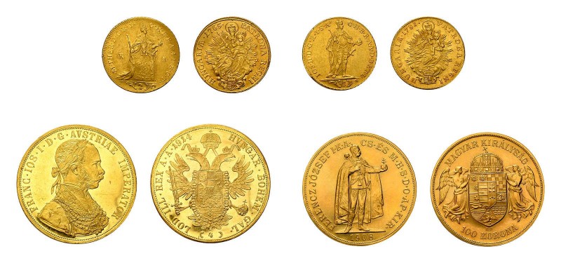 4 Goldmünzen. Dabei 2 Dukaten Maria Theresia 1765 KB, 2 Dukaten Joseph II.1781 K...
