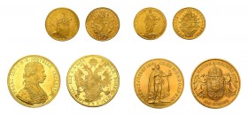 4 Goldmünzen. Dabei 2 Dukaten Maria Theresia 1765 KB, 2 Dukaten Joseph II.1781 KB, 4 Dukaten Franz Joseph I. 1914 sowie 100 Kronen 1908.Zusammen ca. 5...