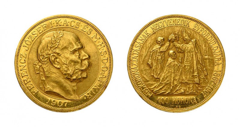 Franz Joseph I., 1848-1916. 100 Kronen 1907 KB, Kremnitz, auf das 40jährige Krön...