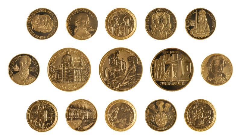 15 Goldmünzen Österreich. Dabei 8 x 500 Schilling mit Mozart 1991, Staatsoper 19...