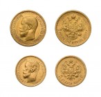 5 Goldmünzen Nikolaus II. Russland. Dabei 2 x 5 Rubel, 1 x 7,5 Rubel, 1 x 10 Rubel sowie 1 x 15 Rubel. Zusammen ca. 32,8 g.f.