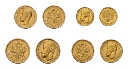 4 Goldmünzen Nikolaus II. Dabei 2 x 10 Rubel 1899, 1 x 5 Rubel 1898 und 1 x 15 Rubel 1897. Zusammen ca. 30,7 g.f.