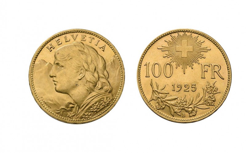 100 Franken 1925 B. Vs. Frauenbüste mit geflochtem Zopf, das Kleid mit Edel­weis...