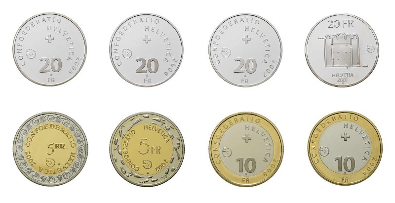 * 21 Probeprägungen der Swissmint. Dabei 20 Franken 2001, 5 Franken 2002,3 x 5 F...