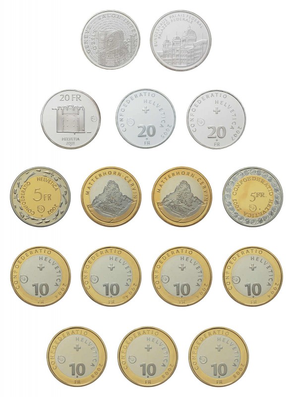 * 16 Probeprägungen der Swissmint. Dabei 20 Franken 2001, 5 Franken 2002,5 Frank...