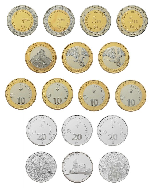 * 17 Probeprägungen der Swissmint. Dabei 20 Franken 2001, 2 x 5 Franken 2002, 2 ...