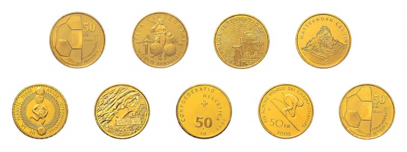 40 x 50 Franken Gold-Gedenkmünzen Schweiz von 2001-2008. Dabei 6 x 2001 Heidi, 7...