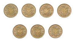 7 x 20 Franken Vreneli, verschiedene Jahrgänge. Dazu 1 x 5 Gramm BarrenKinebar UBS. Zusammen 45,6 g.f.